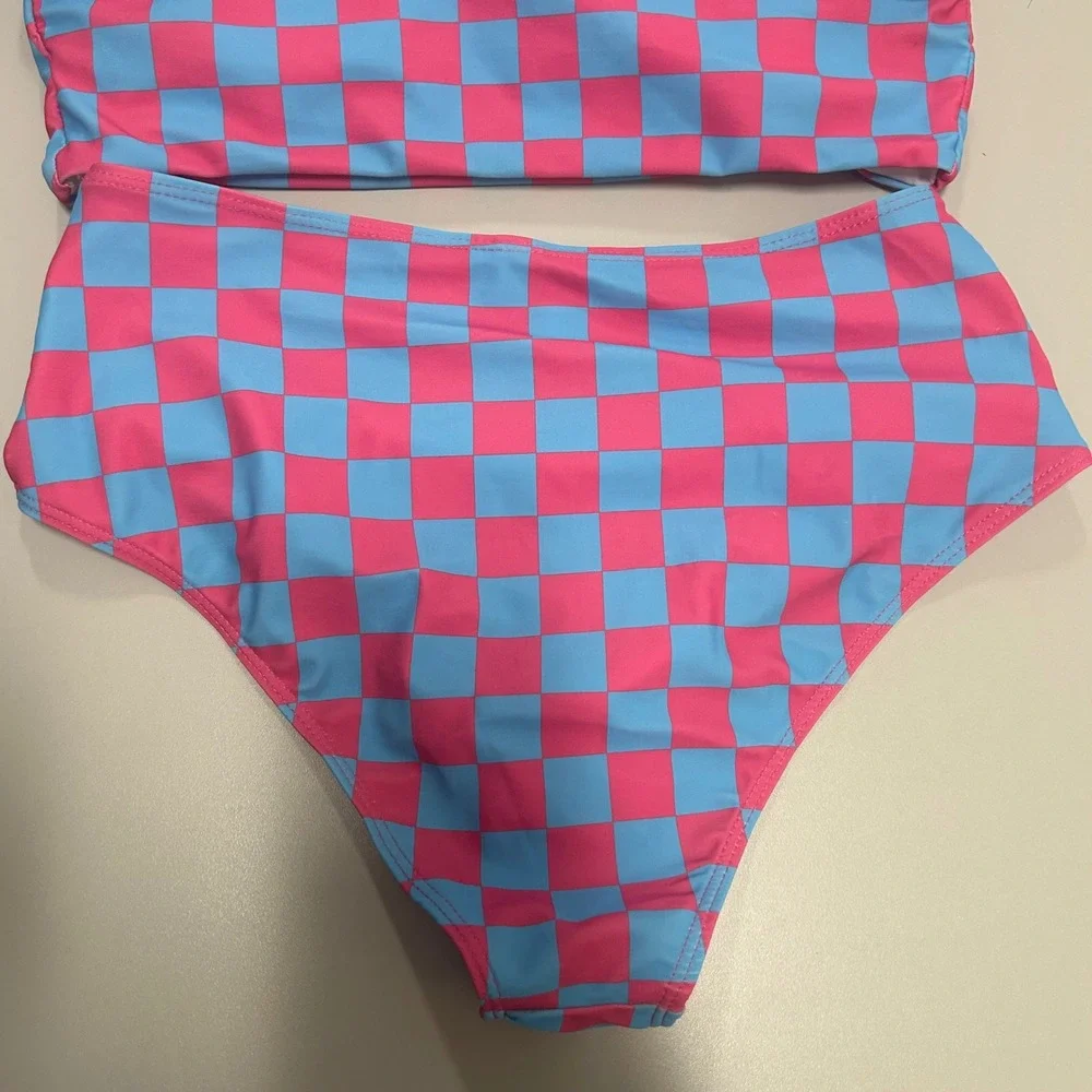 Pink Blue Checkered One Shoulder High Waisted Bikini Set Two Piece Swimsuit L
